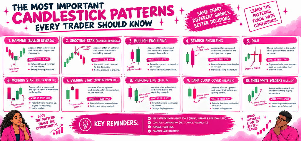 Infographic showing 10 candlestick patterns, including Hammer, Doji and Engulfing, with bullish and bearish signals and reminders about confirmation and risk.