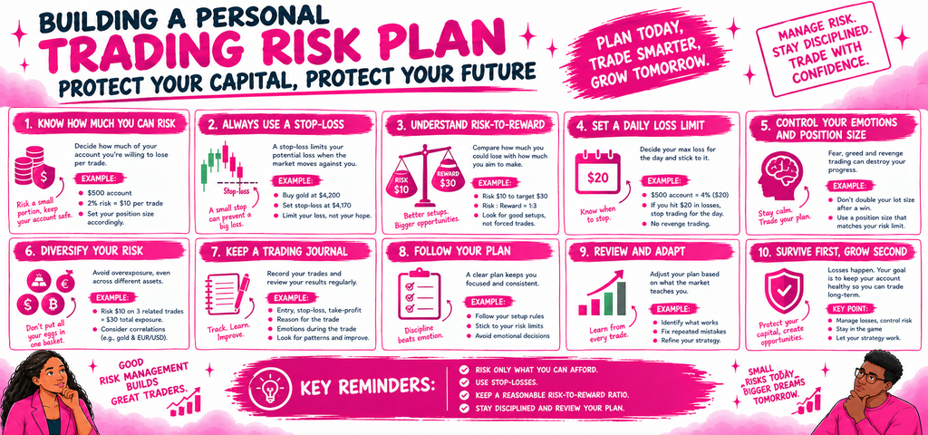 Infographic outlining a personal trading risk plan, covering risk limits, stop-losses, risk-to-reward ratios, position sizing and reviewing trades.